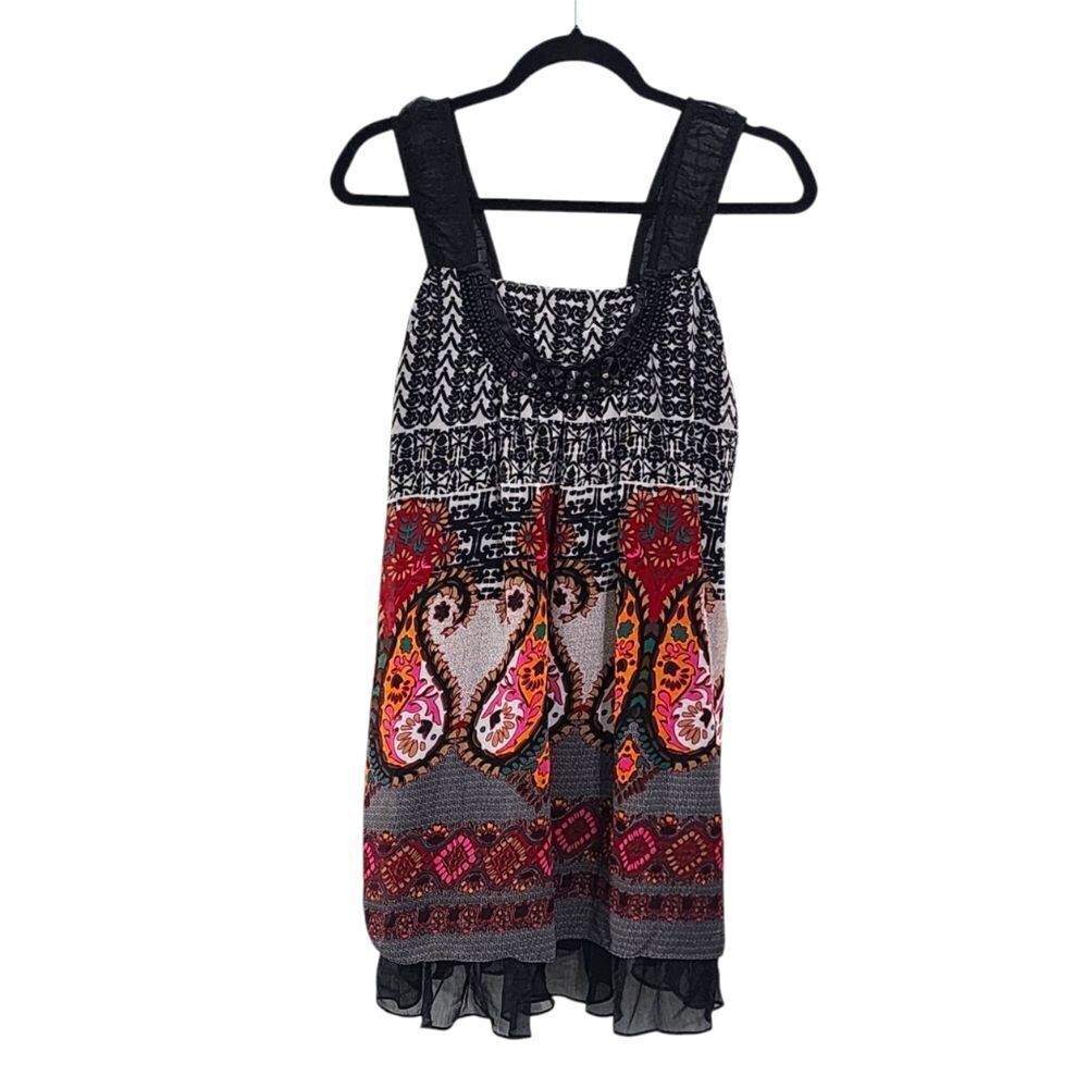 Zashi Mini Dress M Multicolor floral Paisley Layered Sheer Beaded Neck